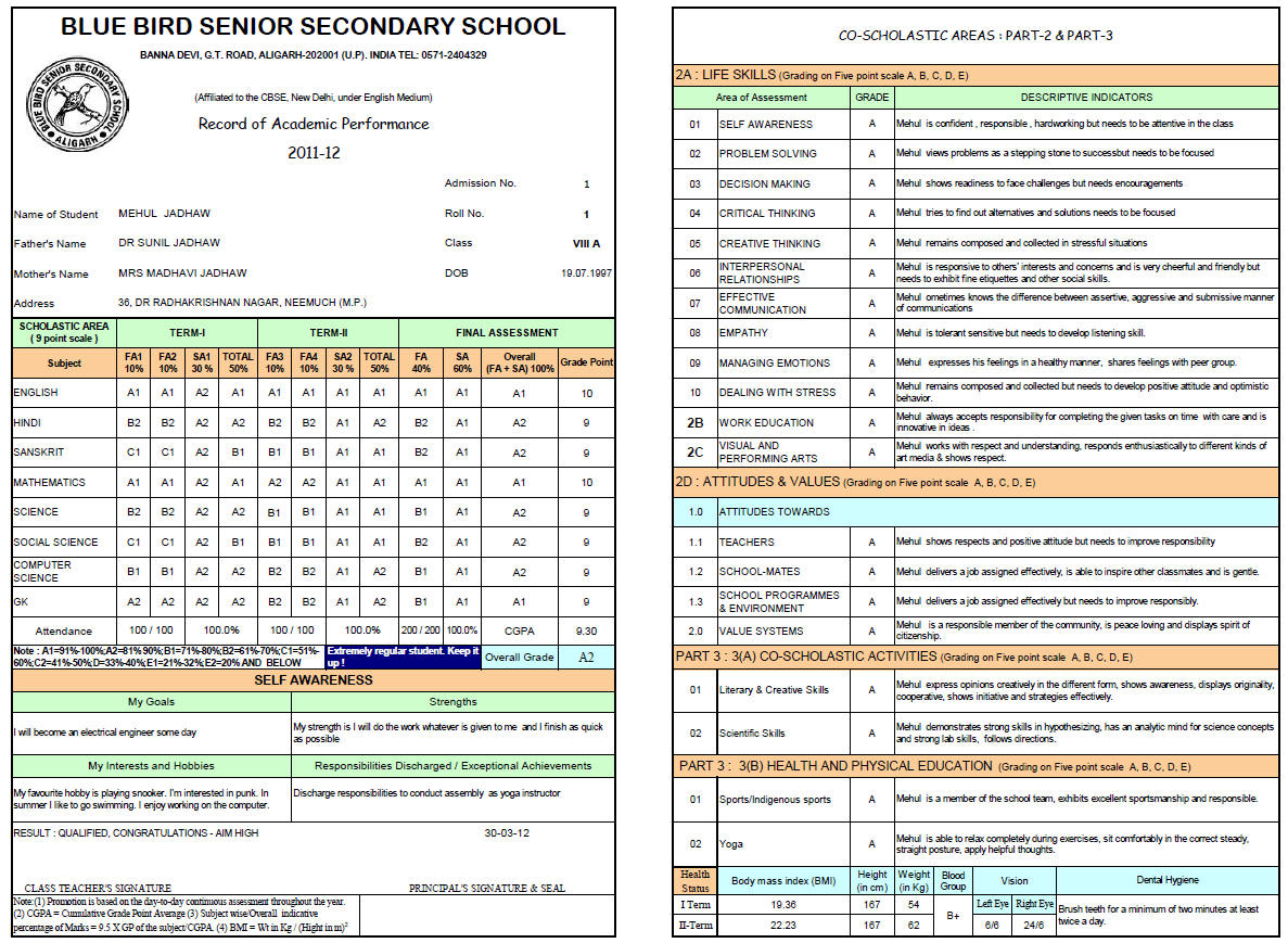 Cbse cce report card sample  format